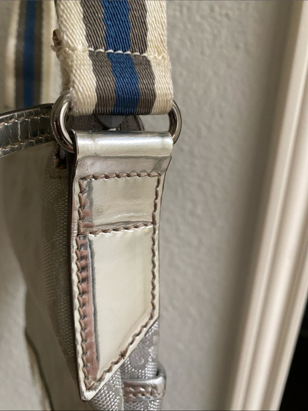 Gucci Silver Monogram Crossbody with Striped Web Strap - Picture 10 of 11